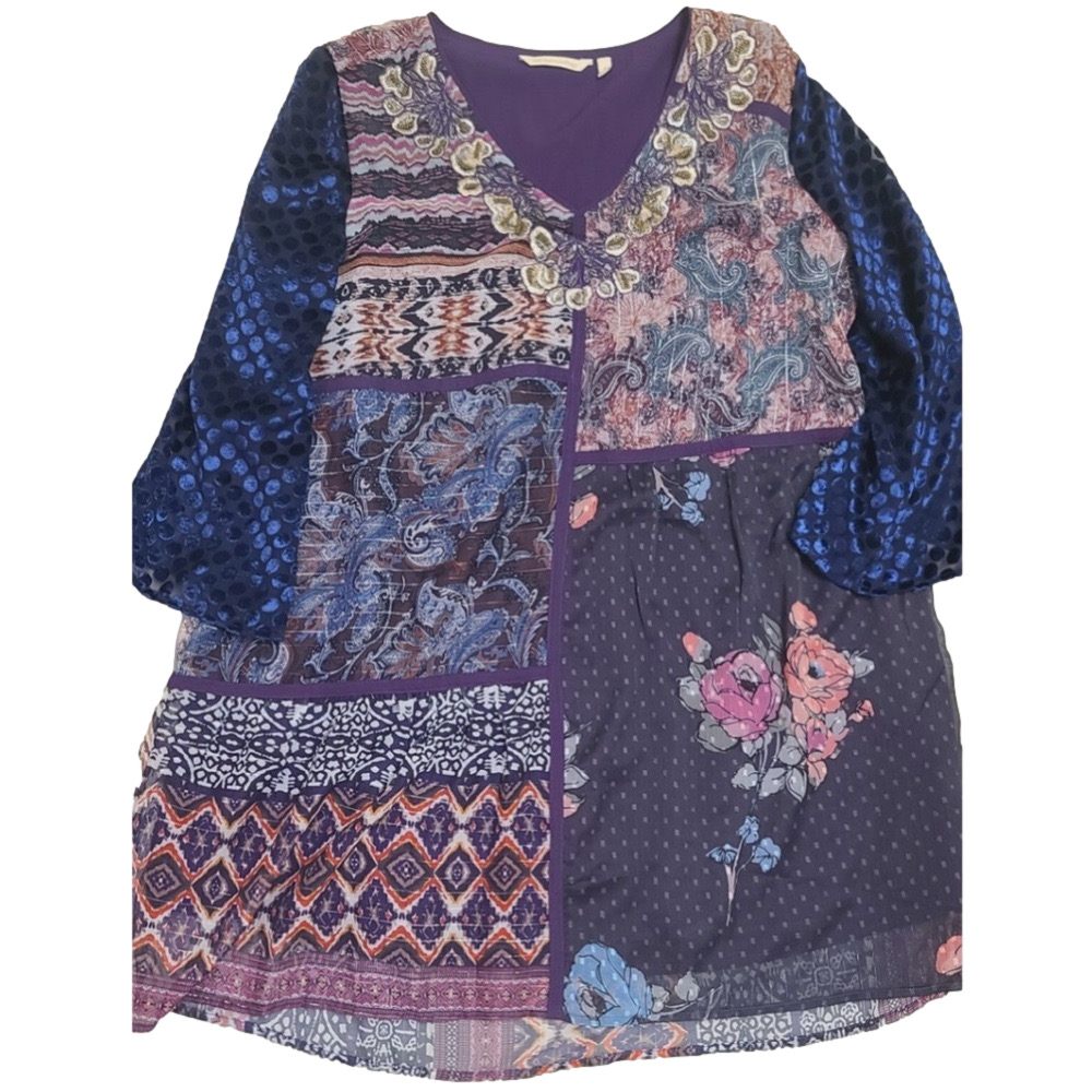 Soft Surroundings Patchwork Floral V-Neck Blouse in Purple and Blue